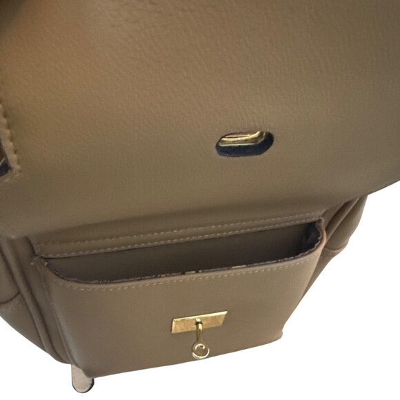 Tan Faux Leather Mini Backpack With Gold Hardware & Chain Print Lining - Picture 4 of 5
